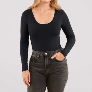 Long Sleeve Scoop Neck Bodysuit | Black