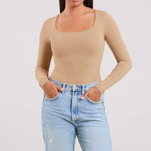 Long Sleeve Square Neck Bodysuit | Oat