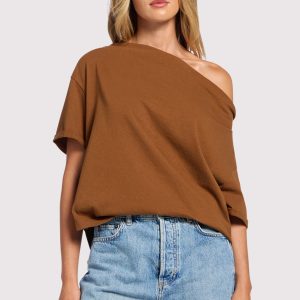 Vintage Cotton Off The Shoulder T-Shirt | Chocolate