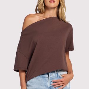 Vintage Cotton Off The Shoulder T-Shirt | Coffee
