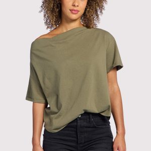 Vintage Cotton Off The Shoulder T-Shirt | Olive