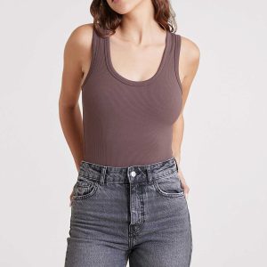 Ribbed Scoop Tank Bodysuit | Coffee