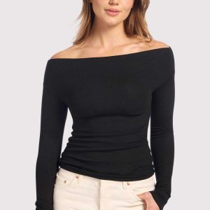 Slinky Rib Off-The-Shoulder Shirt | Black