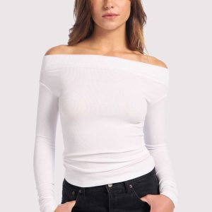 Slinky Rib Off-The-Shoulder Shirt | White