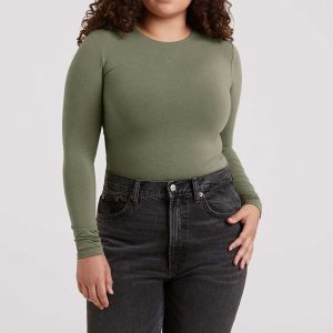 Cotton Stretch Long Sleeve Crewneck Bodysuit | Olive