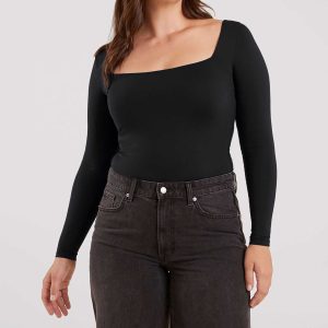 Long Sleeve Wide Square Neck Bodysuit | Black