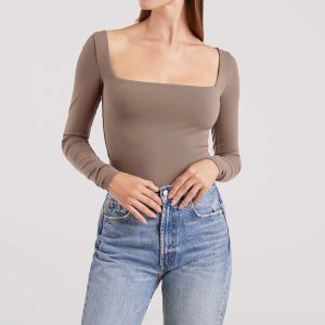 Long Sleeve Wide Square Neck Bodysuit | Mocha