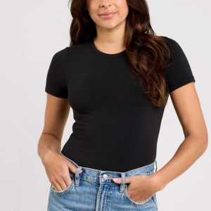 Cotton Stretch Short Sleeve Crewneck Bodysuit | Black