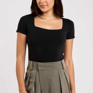 Cotton Stretch Short Sleeve Square Neck Bodysuit | Black