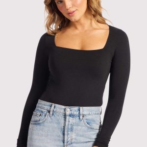 Cotton Stretch Long Sleeve Square Neck Bodysuit | Black
