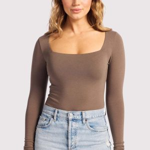 Cotton Stretch Long Sleeve Square Neck Bodysuit | Mocha